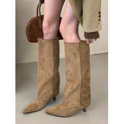 SYLSH 美拉德尖頭貓跟高筒長靴女高級感絨面寬筒遮肉顯瘦時裝靴冬