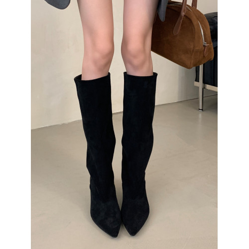 SYLSH 美拉德尖頭貓跟高筒長靴女高級感絨面寬筒遮肉顯瘦時裝靴冬