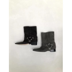 牛皮版~韓版真皮方頭粗跟馬丁靴女2026年新款繙折兩穿絨面機車靴