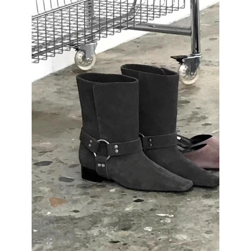 牛皮版~韓版真皮方頭粗跟馬丁靴女2026年新款繙折兩穿絨面機車靴