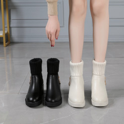 新款女鞋秋冬真皮中筒馬丁靴女靴白色毛線口短靴女防滑厚底棉靴子