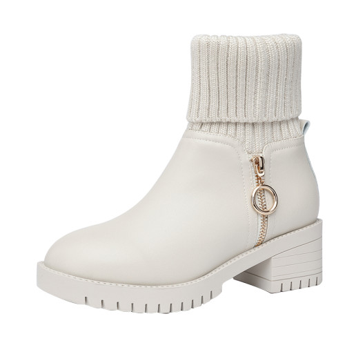 新款女鞋秋冬真皮中筒馬丁靴女靴白色毛線口短靴女防滑厚底棉靴子