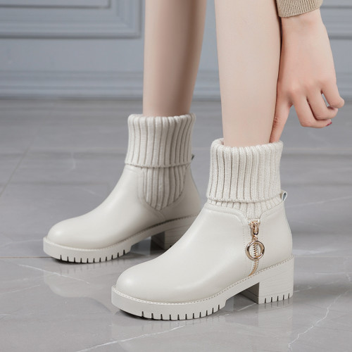 新款女鞋秋冬真皮中筒馬丁靴女靴白色毛線口短靴女防滑厚底棉靴子