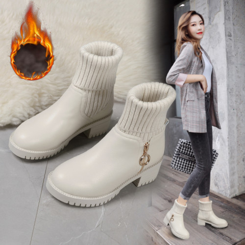 新款女鞋秋冬真皮中筒馬丁靴女靴白色毛線口短靴女防滑厚底棉靴子