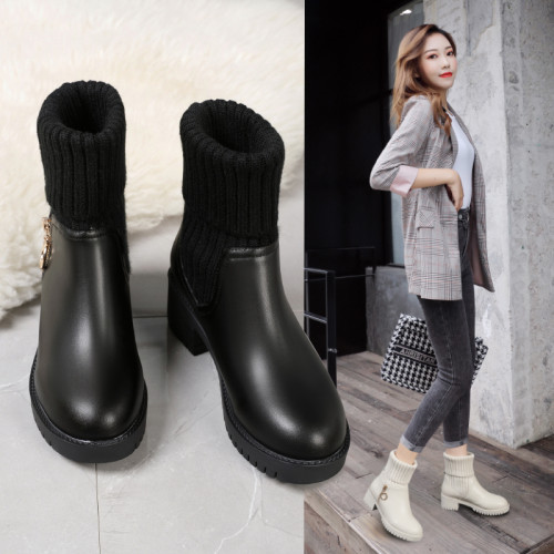 新款女鞋秋冬真皮中筒馬丁靴女靴白色毛線口短靴女防滑厚底棉靴子