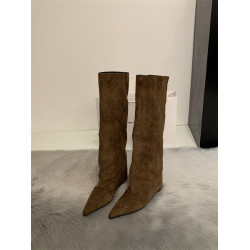 長筒靴子女2025秋冬新款尖頭內增高坡跟法式直筒高筒不過膝長靴女