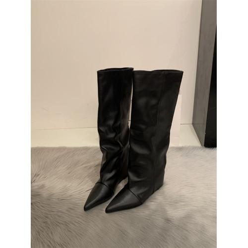 長筒靴子女2025秋冬新款尖頭內增高坡跟法式直筒高筒不過膝長靴女