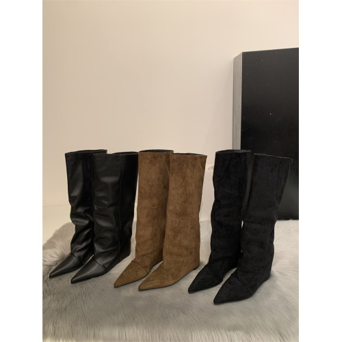 長筒靴子女2025秋冬新款尖頭內增高坡跟法式直筒高筒不過膝長靴女