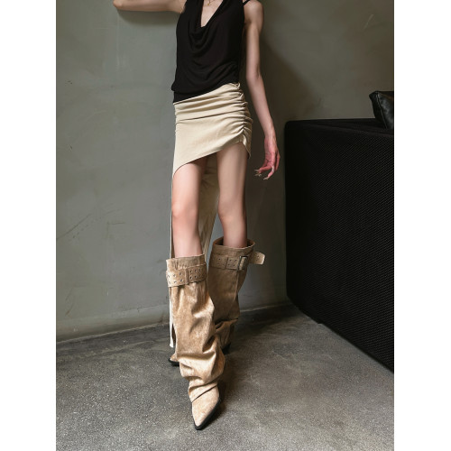 林再琳 美式辣妹~黑色及膝尖頭長靴女大筒圍堆堆靴高跟西部褲琯靴