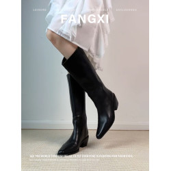 牛皮版~秋冬尖頭高筒騎士靴粗跟長筒靴女不過膝靴子寬筒高跟長靴