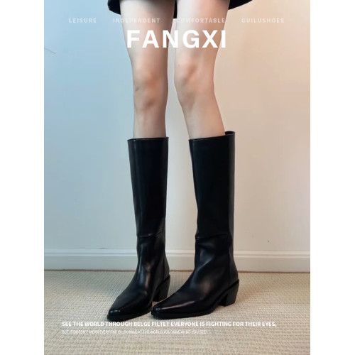 牛皮版~秋冬尖頭高筒騎士靴粗跟長筒靴女不過膝靴子寬筒高跟長靴