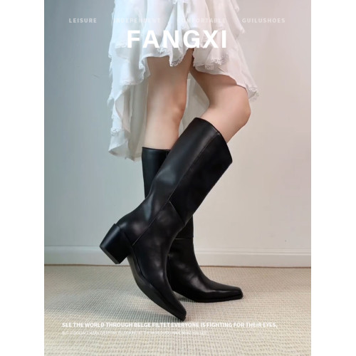 牛皮版~秋冬尖頭高筒騎士靴粗跟長筒靴女不過膝靴子寬筒高跟長靴