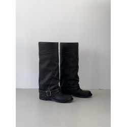 羊皮版~韓版設計感圓頭皮帶釦粗跟騎士靴甜酷風黑色顯瘦百搭長靴