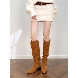 真皮尖頭西部牛仔靴女2026新款復古棕色v口堆堆靴騎士高筒長靴女