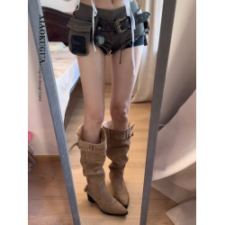 不過膝長筒靴女款2026新款秋季絨面尖頭粗跟顯瘦高筒堆堆騎士靴子