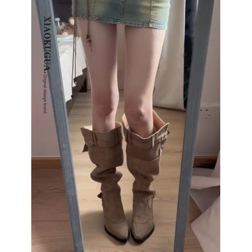 不過膝長筒靴女款2026新款秋季絨面尖頭粗跟顯瘦高筒堆堆騎士靴子