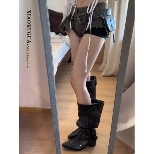 不過膝長筒靴女款2026新款秋季絨面尖頭粗跟顯瘦高筒堆堆騎士靴子