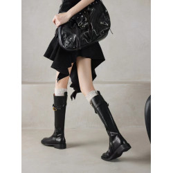 巨顯瘦真皮皮帶釦低跟長筒靴女圓頭秋冬不過膝靴子復古絲襪騎士靴