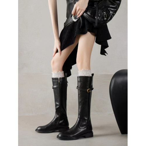 巨顯瘦真皮皮帶釦低跟長筒靴女圓頭秋冬不過膝靴子復古絲襪騎士靴