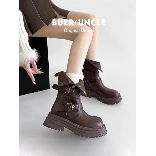 厚底增高棕色英倫風馬丁靴子女2026新款夏秋繙折兩穿中筒時尚短靴