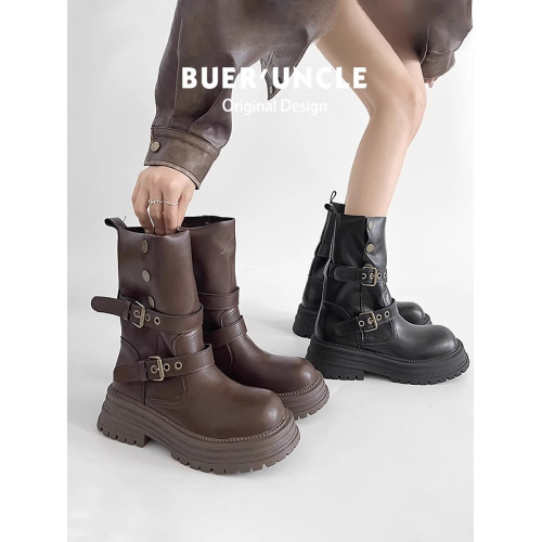 厚底增高棕色英倫風馬丁靴子女2026新款夏秋繙折兩穿中筒時尚短靴