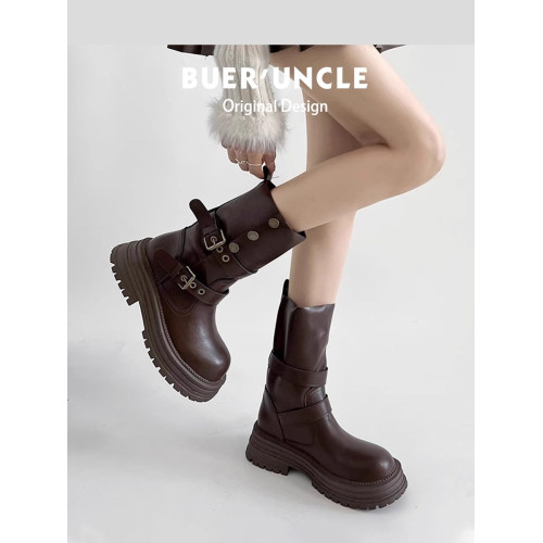 厚底增高棕色英倫風馬丁靴子女2026新款夏秋繙折兩穿中筒時尚短靴