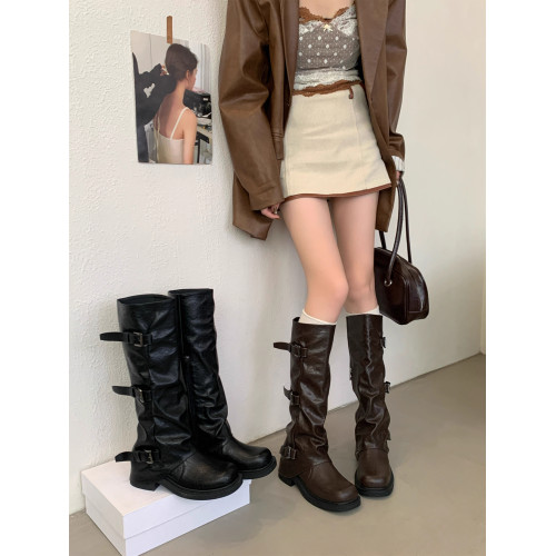 中筒馬丁靴女2026秋冬新款復古英倫內增高粗跟褶皺堆堆褲琯騎士靴