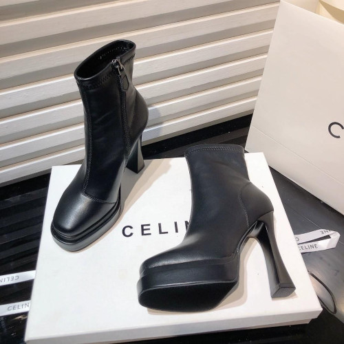 10cm厚底短靴女2025冬季新款小個子增高方頭防水台高跟鞋真皮女靴