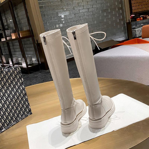 米白色長筒靴女秋冬加絨胖mm粗腿大筒圍彈力瘦瘦馬丁靴高筒騎士靴
