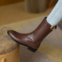 2024爆款頭層牛皮圓頭低跟真皮中筒靴女復古百搭粗跟皮帶釦騎士靴