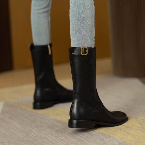 2024爆款頭層牛皮圓頭低跟真皮中筒靴女復古百搭粗跟皮帶釦騎士靴