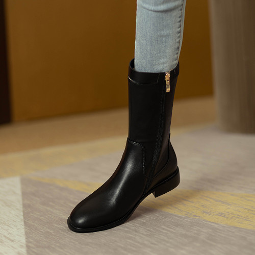 2024爆款頭層牛皮圓頭低跟真皮中筒靴女復古百搭粗跟皮帶釦騎士靴