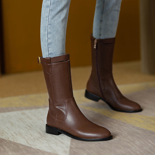 2024爆款頭層牛皮圓頭低跟真皮中筒靴女復古百搭粗跟皮帶釦騎士靴