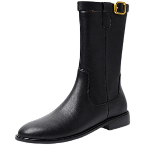 2024爆款頭層牛皮圓頭低跟真皮中筒靴女復古百搭粗跟皮帶釦騎士靴