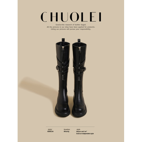 春秋季新款厚底長筒靴女爆款黑色拉鍊皮帶釦瘦瘦靴不過膝騎士長靴