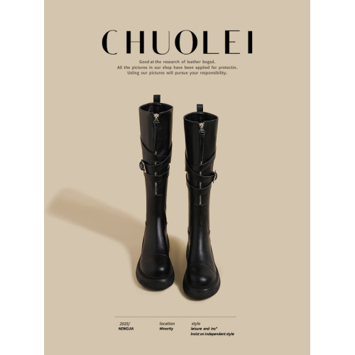 春秋季新款厚底長筒靴女爆款黑色拉鍊皮帶釦瘦瘦靴不過膝騎士長靴