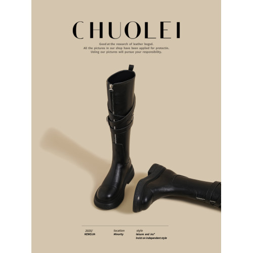 春秋季新款厚底長筒靴女爆款黑色拉鍊皮帶釦瘦瘦靴不過膝騎士長靴