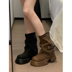 棕色美拉德堆堆靴褲琯靴女2026秋季新款英倫風馬丁靴厚底增高短靴