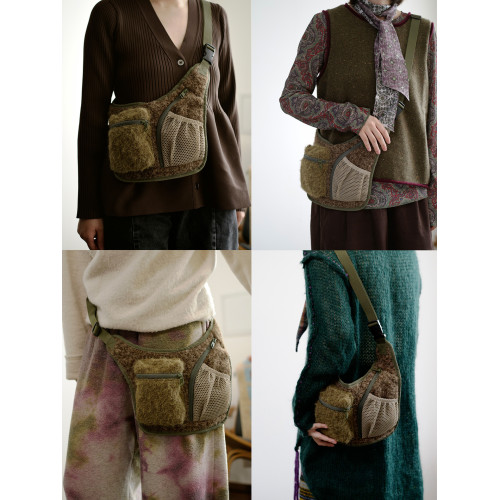 housedesign原創2025冬單肩小衆個性斜後後背包毛絨多口袋時尚馬鞍包