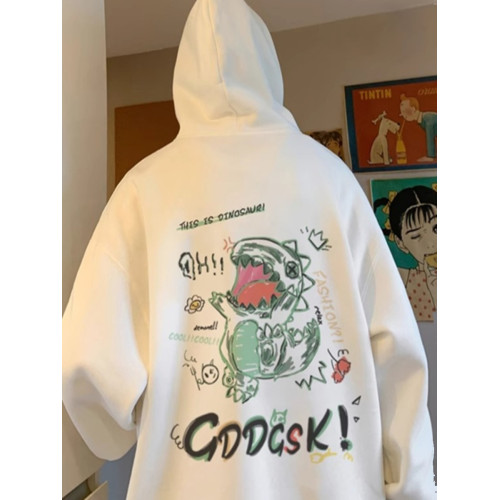 純棉重磅連帽衫衛衣男秋冬加絨加厚潮牌日系恐龍寬鬆百搭休閒外套