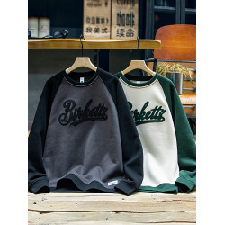 美式復古拼接衛衣男春季寬鬆潮牌刺綉圓領上衣大碼撞色休閒外套潮