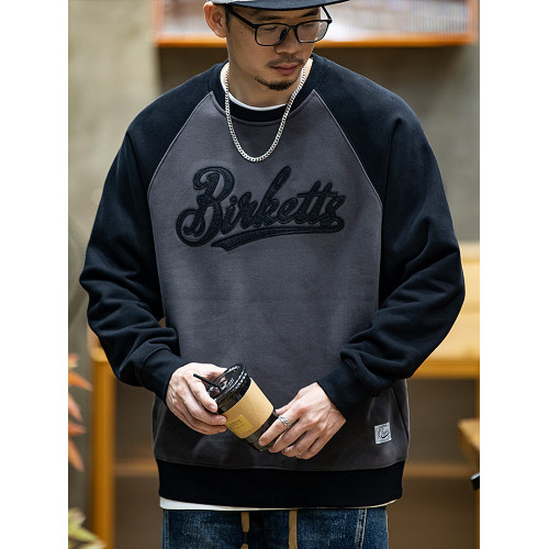 美式復古拼接衛衣男春季寬鬆潮牌刺綉圓領上衣大碼撞色休閒外套潮