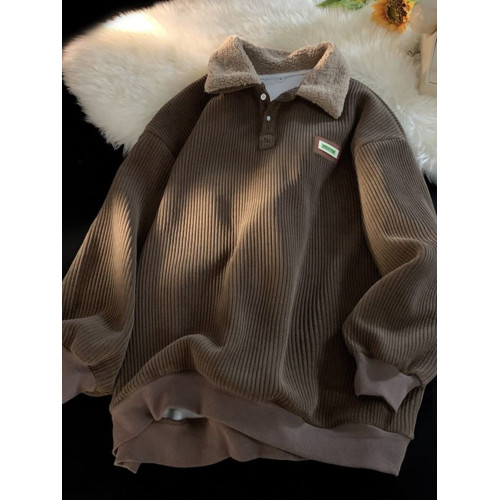 加肥加大碼300斤燈芯絨衛衣男春秋款加絨加厚美式繙領羊羔毛外套