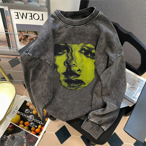 美式慵懶chic重磅水洗做舊純棉衛衣男女秋冬oversize痞帥加絨上衣