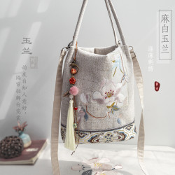 夏上新風復古森系文藝古風漢服刺綉拉鍊帆布手拎斜背水桶包