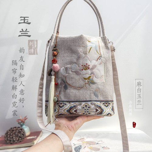 夏上新風復古森系文藝古風漢服刺綉拉鍊帆布手拎斜背水桶包