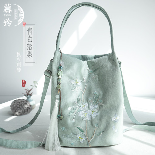 夏上新風復古森系文藝古風漢服刺綉拉鍊帆布手拎斜背水桶包