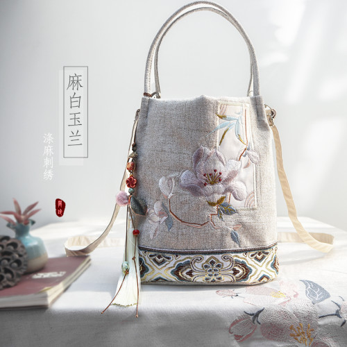 夏上新風復古森系文藝古風漢服刺綉拉鍊帆布手拎斜背水桶包
