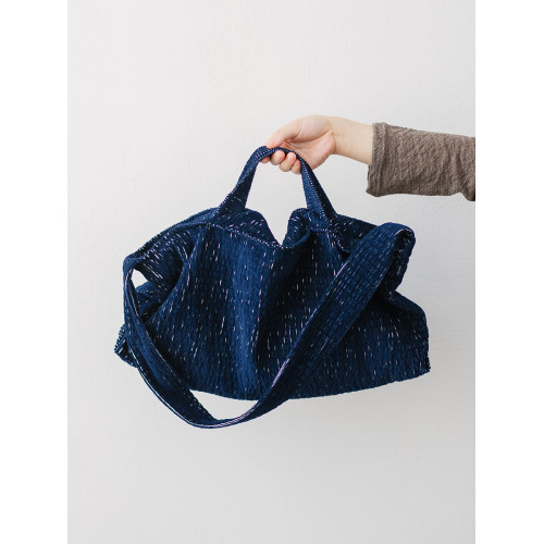 paleMoo |星 秋冬深藍細條單肩包包燈芯絨拉鍊手拎日系棉斜背布袋