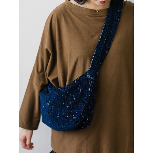 paleMoo |星 秋冬深藍細條單肩包包燈芯絨拉鍊手拎日系棉斜背布袋